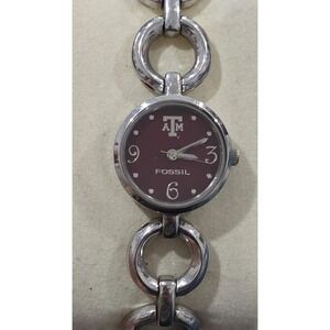 Fossil College Collection Texas A & M Logo Maroon Face Silver Chain Watch